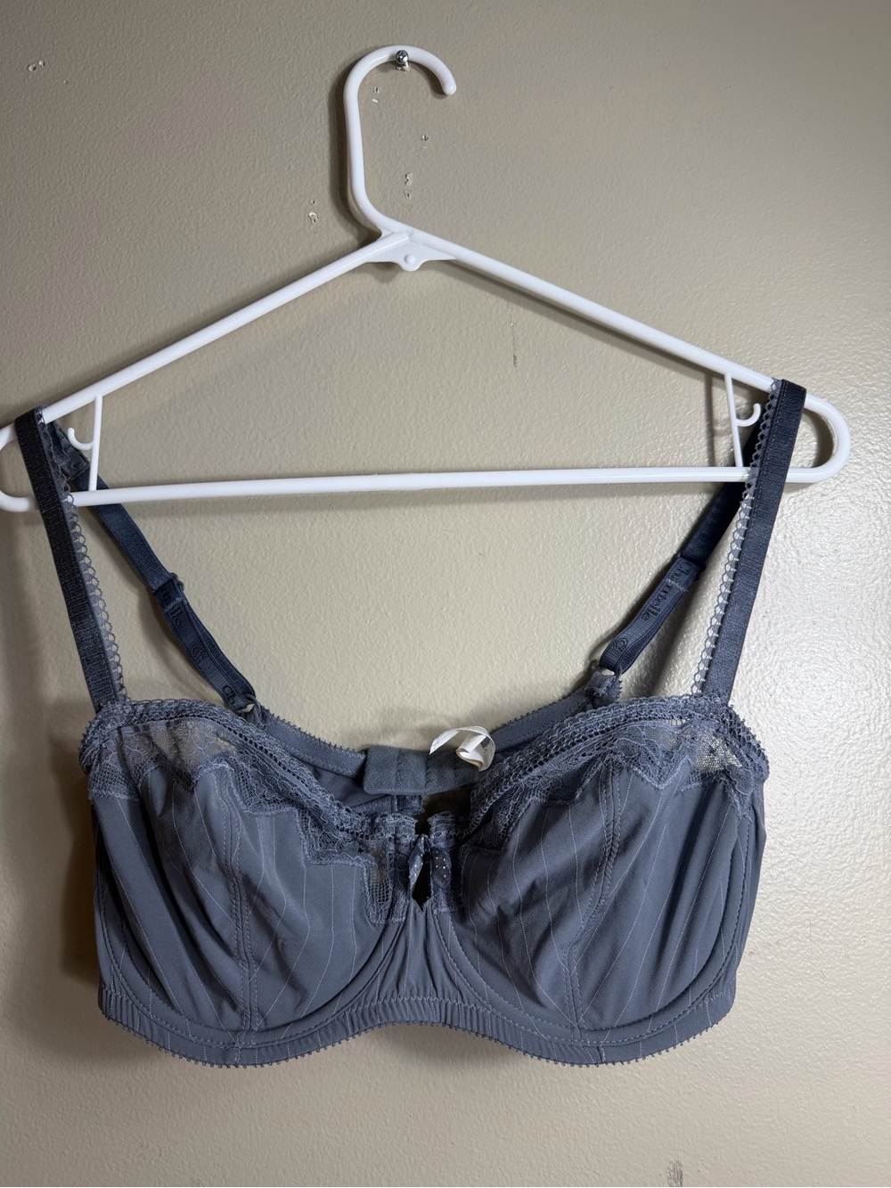 Chantelle Full Cup Underwire Bra 34DD Blue Gray Lace Pinstripe French Lingerie